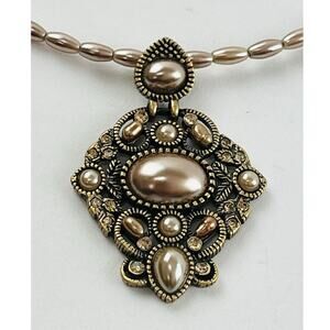 Vintage Liz Claiborne Pendant Filigree Faux Pearl Baroque Copper Brass Tone Chok
